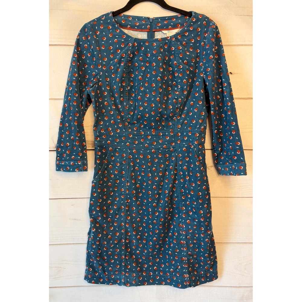 Boden Teal Blue Corduroy Print Shift Dress Pockets W0392 US 6R